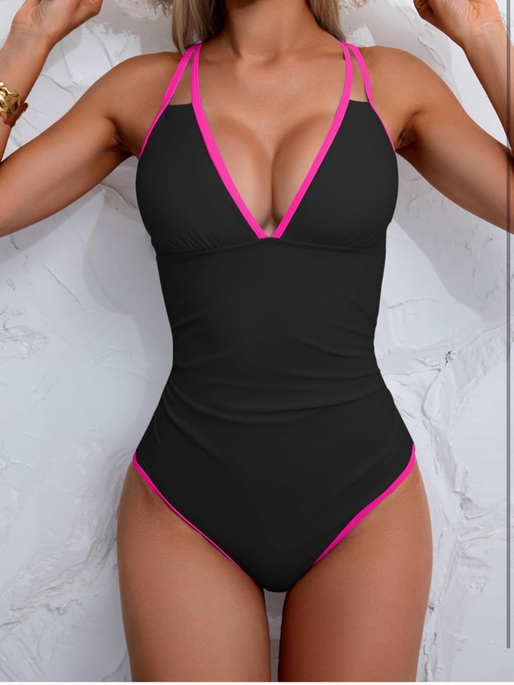Women's V Neck One Piece Swimsuit Tummy Control Slimming Bathing Suit.